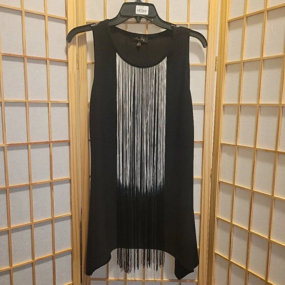 Melissa Page Womens Black Sharkbite Hem String Tassels Top Blouse Sz M